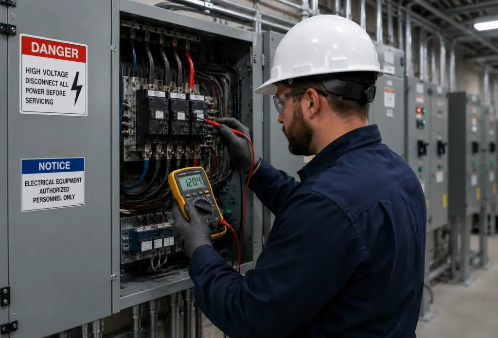 electrical technician performing safety checks