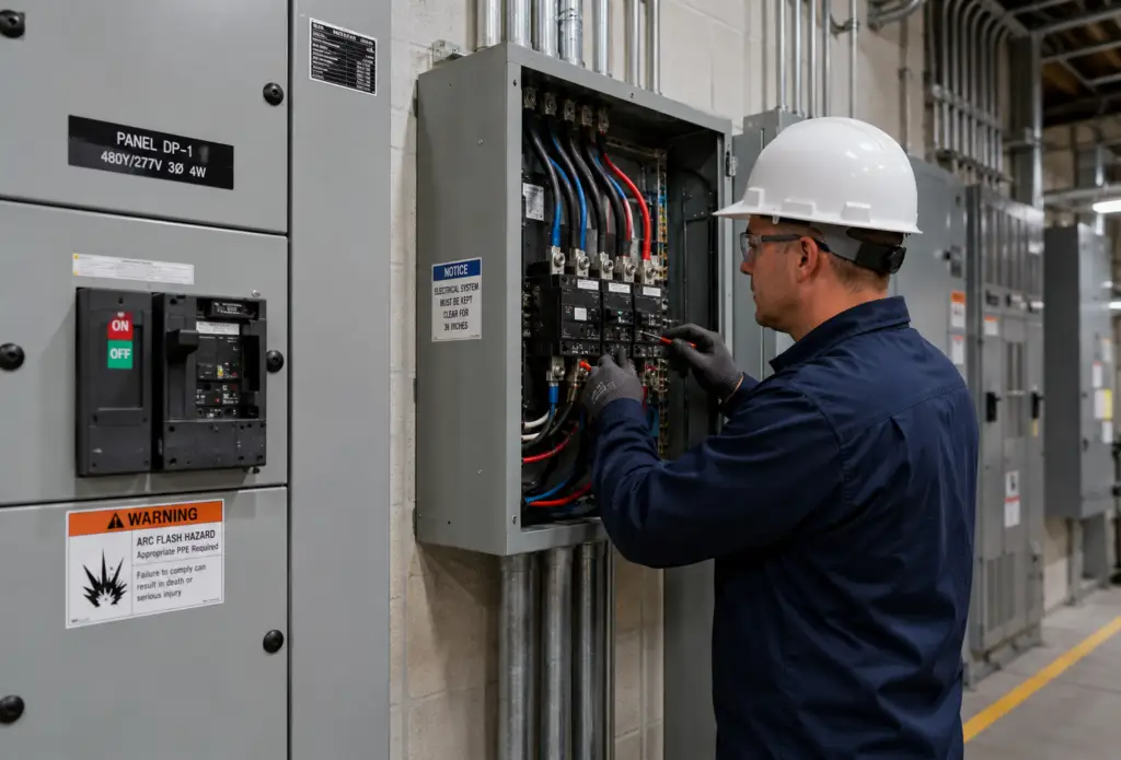 electrician servicing industrial electrical panel