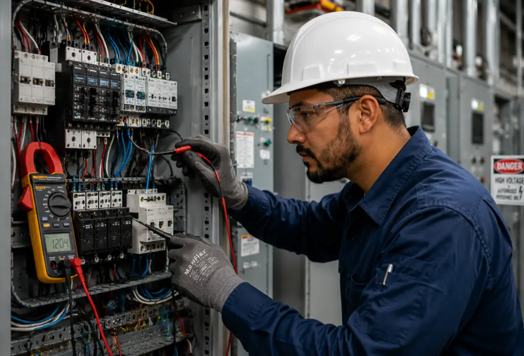 electrician troubleshooting electrical panel components