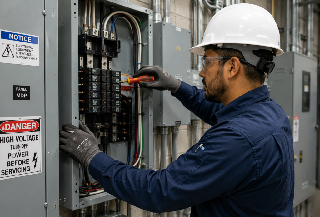 electrician working on breaker panel
