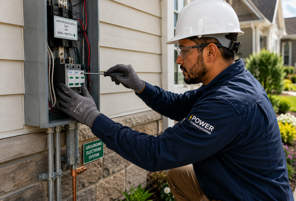 electrician working on electrical panel outside