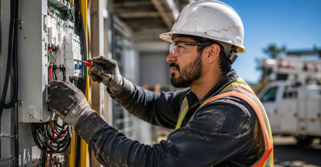 focused electrician working on electrical panel