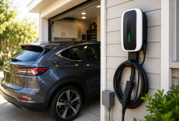 modern ev charger in residential driveway