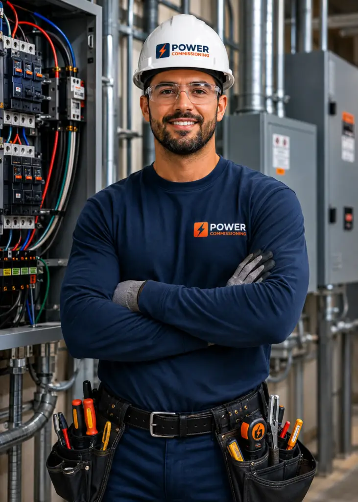power commissioning electrician in industrial workspace